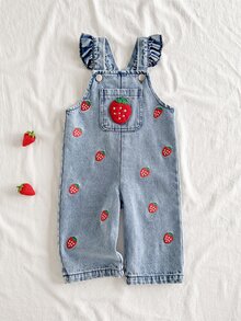 SHEIN Vintaside Kids 1件女嬰藍色牛仔休閒可愛刺繡花卉吊帶牛仔連身褲，適合外出與派對，秋季穿著 - 藍色 - 查看 3