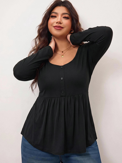 Enliva Plus-Size Women's Casual Everyday Stretch Long-Sleeved Slim-Fit Black Top, Simple Babydoll Style