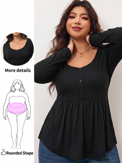 Enliva Plus-Size Women's Casual Everyday Stretch Long-Sleeved Slim-Fit Black Top, Simple Babydoll Style