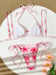 Swim Vcay 2件組女款海灘夏季穿搭，多色隨機印花肩帶上衣與比基尼泳褲，2合1泳裝套裝 - 彩色 - 查看 2
