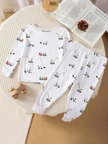 2pcs Baby Boys Snug Fit High Elastic Knit Comfortable Soft Cute Construction Vehicle All-Over Print, Suitable For All Seasons, Simple And Versatile, Best Gift For Baby Boys, Top Choice - White - View 3