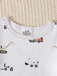 2pcs Baby Boys Snug Fit High Elastic Knit Comfortable Soft Cute Construction Vehicle All-Over Print, Suitable For All Seasons, Simple And Versatile, Best Gift For Baby Boys, Top Choice - White - View 4