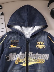 幼童男童 2件組復古機車字母圖案丹寧風連帽外套與短褲套裝，休閒外穿套裝，秋季穿搭，秋季衣物 - 藏蓝色 - 查看 4