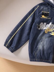 幼童男童 2件組復古機車字母圖案丹寧風連帽外套與短褲套裝，休閒外穿套裝，秋季穿搭，秋季衣物 - 藏蓝色 - 查看 6