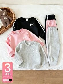 SHEIN Playful Pals 女嬰秋冬可愛蝴蝶結保暖內裡加厚寬鬆圓領長袖衛衣搭配側條紋運動褲 6 件套，休閒舒適多件套裝，適合日常穿著、戶外運動、聚會等多種場合 - 彩色 - 查看 2