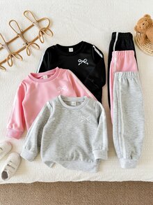 SHEIN Playful Pals 女嬰秋冬可愛蝴蝶結保暖內裡加厚寬鬆圓領長袖衛衣搭配側條紋運動褲 6 件套，休閒舒適多件套裝，適合日常穿著、戶外運動、聚會等多種場合 - 彩色 - 查看 8