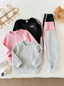 SHEIN Playful Pals 女嬰秋冬可愛蝴蝶結保暖內裡加厚寬鬆圓領長袖衛衣搭配側條紋運動褲 6 件套，休閒舒適多件套裝，適合日常穿著、戶外運動、聚會等多種場合 - 彩色 - 查看 4