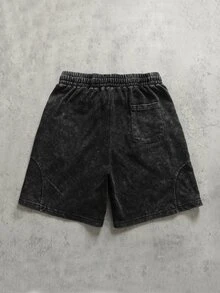 ROMWE MEN Essentials Herren Lässig Washed Kordelzug Taille Sport Shorts, Sommer - Schwarz - Übersicht 2