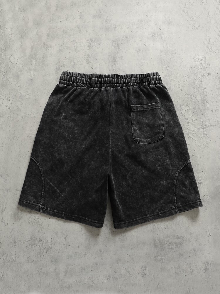 ROMWE MEN Essentials Men's Casual Washed Drawstring Waist Sports Shorts, Spring/Summer - Black - View 2