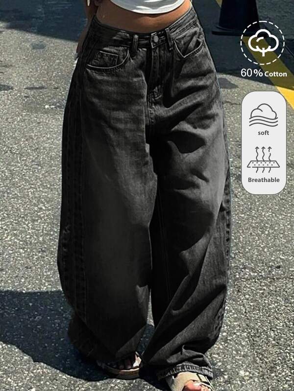 SHEIN Tween Girl Fashion Oversized Casual Y2k Vintage Cool Street Returns To School College Simple Basic Comfortable And Nostalgic Black Loose Jeans For Soft Dailywear And Autumn And Rave Festival And At Home Streetwear School Baggy Jeans Back-To-School Evening