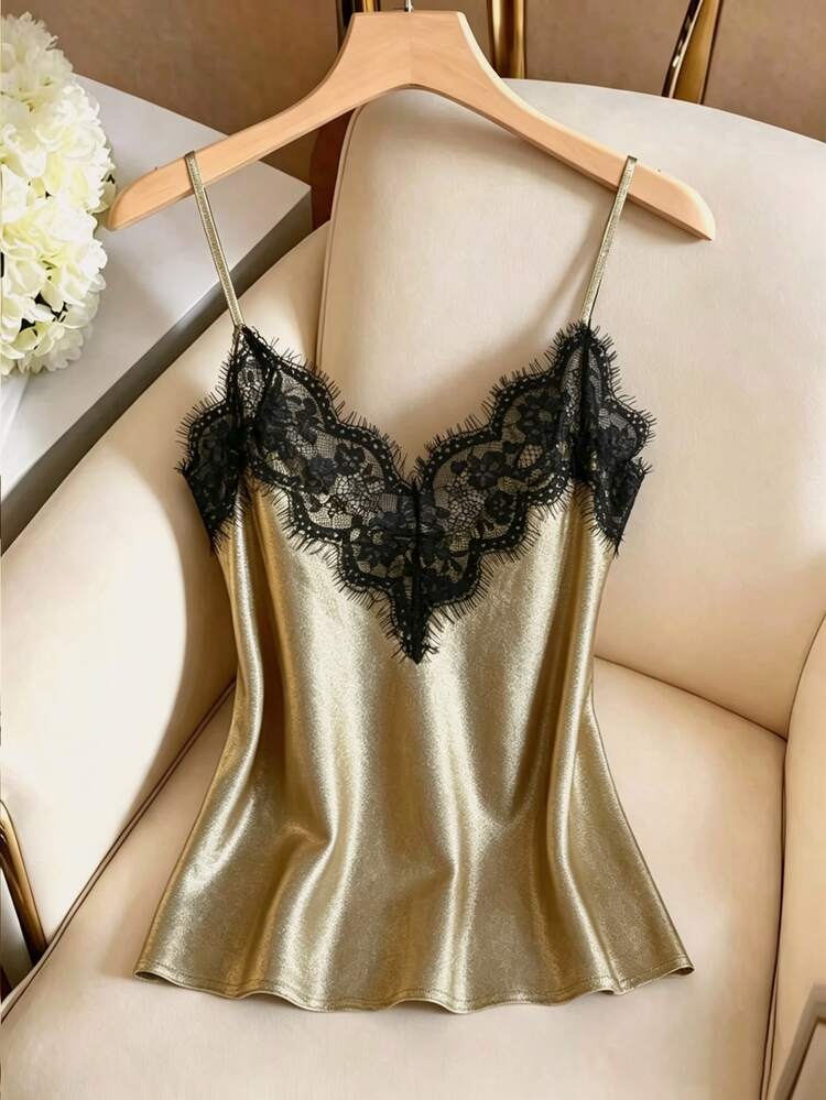GlowEve 1pc Women's Fashionable Elegant Contrast Color Lace Insert Glitter Camisole For New Year Holiday Party Clothes Graphic Tees Women Tops - Gold - View 1