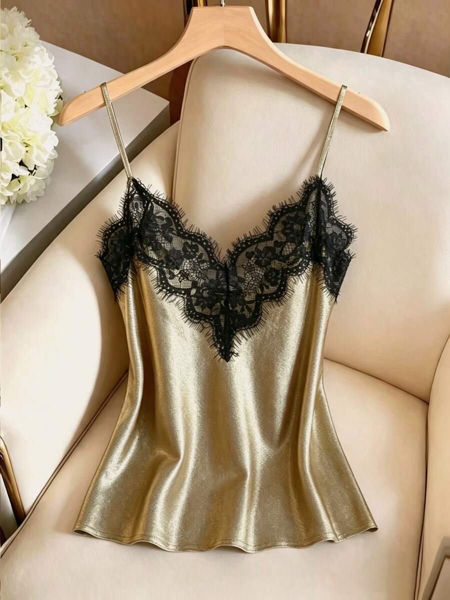 GlowEve 1 件女士时尚优雅撞色蕾丝拼接闪光吊带背心,适合新年节日派对服装图案 T 恤女式上衣 - 金色 - 查看 1