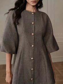 BELROSIE 女款時尚燈籠袖人字紋針織洋裝，優雅百搭，適合晚餐約會之夜，咖啡棕色，秋季 - 彩色 - 查看 2