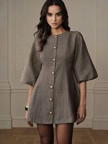 BELROSIE 女款時尚燈籠袖人字紋針織洋裝，優雅百搭，適合晚餐約會之夜，咖啡棕色，秋季 - 彩色 - 查看 7