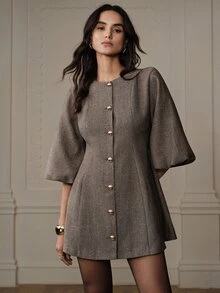 BELROSIE 女款時尚燈籠袖人字紋針織洋裝，優雅百搭，適合晚餐約會之夜，咖啡棕色，秋季 - 彩色 - 查看 5