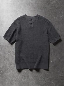 ROMWE MEN Essentials Men's Casual Everyday Commute Solid Color Short Sleeve Knit Top, Summer - Dark Grey - View 1