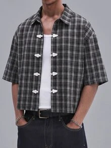 ROMWE MEN Essentials Men's Casual Retro Plaid Button-Down Short Sleeve Shirt, Summer - Black - View 3