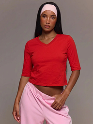 MUSERA ESSENTIALS Cotton Blended V Neck Quarter Sleeve Loose Fit Top Tshirt Cute Everyday Basics Sexy Daily Spring Summer Essential