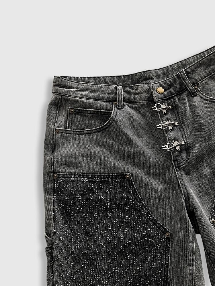 ROMWE MEN Essentials Pantalones cortos vaqueros casuales y versátiles con bolsillos para hombres - Negro - Añade 4