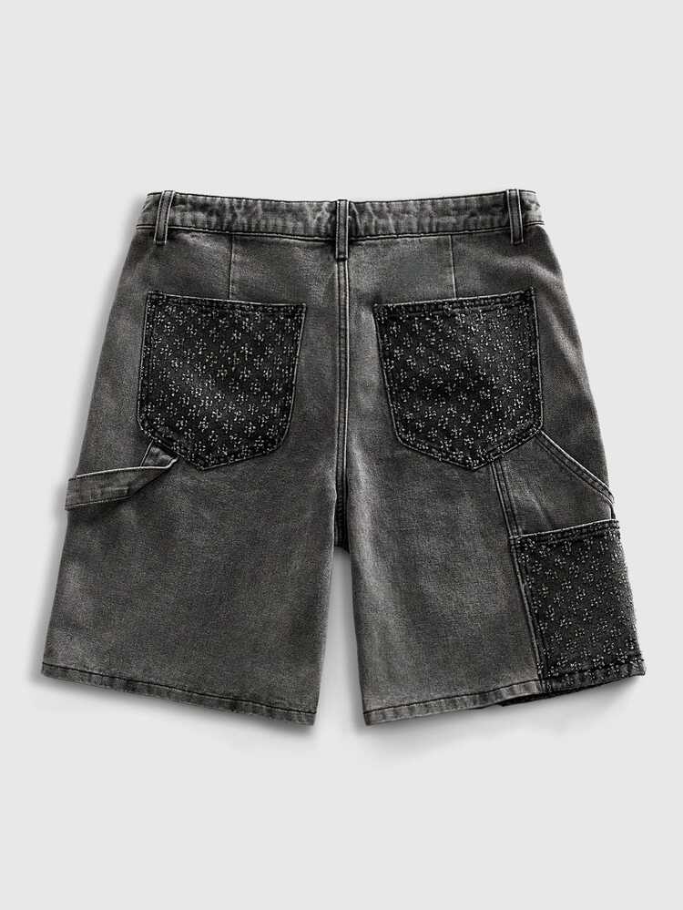 ROMWE MEN Essentials Pantalones cortos vaqueros casuales y versátiles con bolsillos para hombres - Negro - Añade 2