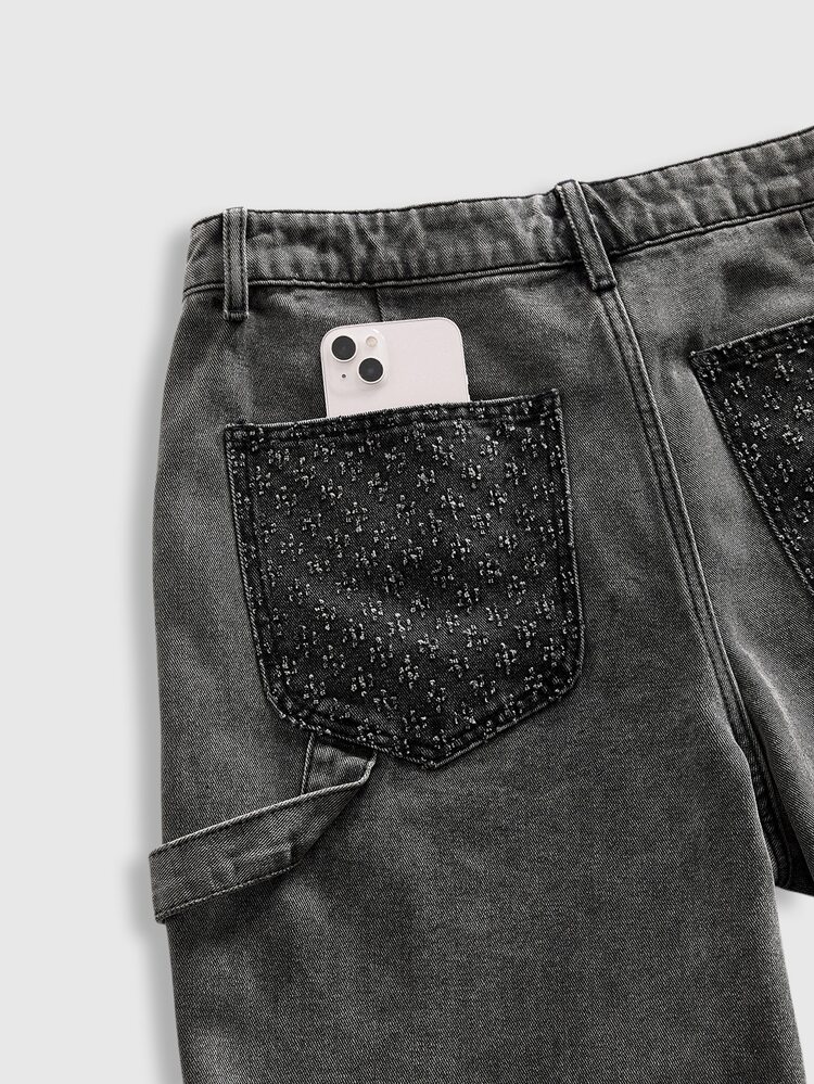 ROMWE MEN Essentials Pantalones cortos vaqueros casuales y versátiles con bolsillos para hombres - Negro - Añade 5