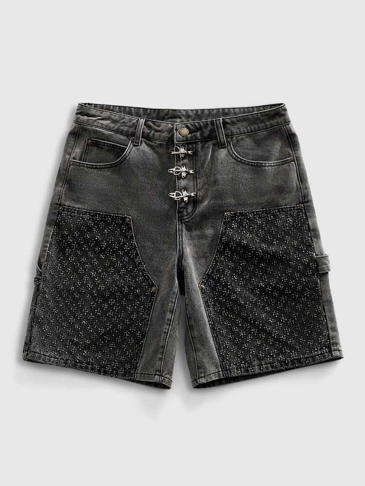 ROMWE MEN Essentials Pantalones cortos vaqueros casuales y versátiles con bolsillos para hombres - Negro - Añade 1
