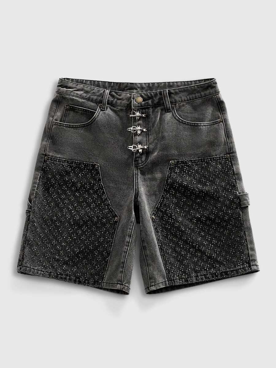 ROMWE MEN Essentials Pantalones cortos vaqueros casuales y versátiles con bolsillos para hombres - Negro - Ver 1