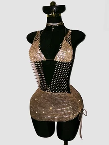 SHEIN DivaQ Women's Party Fishnet Rhinestone Embellished Backless Mini Dress, Perfect For Bar, Party, Club, Music Festival, Concert - Champagne - View 3