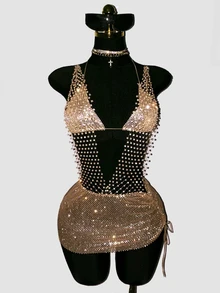 SHEIN DivaQ Women's Party Fishnet Rhinestone Embellished Backless Mini Dress, Perfect For Bar, Party, Club, Music Festival, Concert - Champagne - View 4