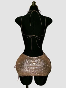 SHEIN DivaQ Women's Party Fishnet Rhinestone Embellished Backless Mini Dress, Perfect For Bar, Party, Club, Music Festival, Concert - Champagne - View 2