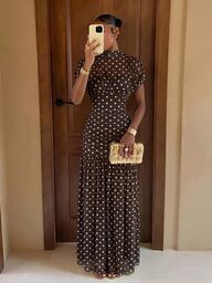 Lumalex Summer Brown And White Polka Dot Soft Flowy Mesh High Neck Ruched Waist Bodycon Dress For Women Beach Garden Party Holiday-To-Gala Versatility Elegant