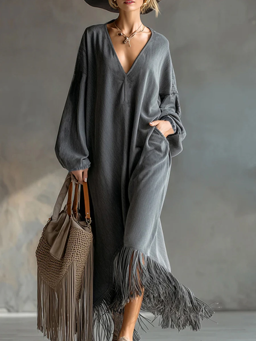 Glimmora Women's Fashion Retro Tassel Solid Color Deep V-Neck Long Sleeve Dress, Autumn/Winter - Grey - View 1