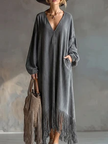 Glimmora Women's Fashion Retro Tassel Solid Color Deep V-Neck Long Sleeve Dress, Autumn/Winter - Grey - View 3