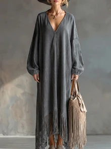 Glimmora Women's Fashion Retro Tassel Solid Color Deep V-Neck Long Sleeve Dress, Autumn/Winter - Grey - View 4