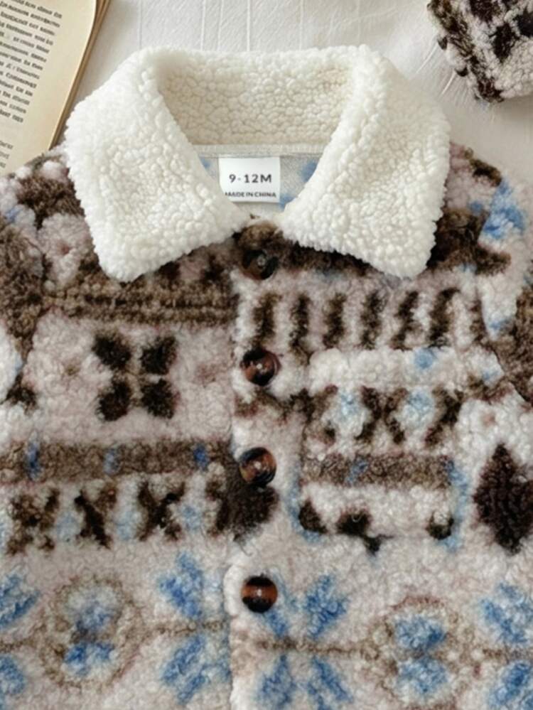 SHEIN 2pcs Baby Girl Toddler Preppy Geometric Faux Shearling Lapel Collar Long Sleeve Thick Jacket Coat With Scarf Set Daily Outing Fall Winter - Multicolor - View 8