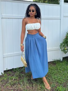 Alexandranx 夏季女士服装休闲 A 字形亚麻中长裙，适合夏季海滩高腰宽松 - 藍色 - 查看 3