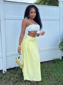 Alexandranx Women's Plain Zip Up Gathered Casual Yellow Skirt, Summer Winter Spring - Yellow - View 5