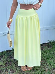 Alexandranx Women's Plain Zip Up Gathered Casual Yellow Skirt, Summer Winter Spring - Yellow - View 3