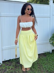 Alexandranx Women's Plain Zip Up Gathered Casual Yellow Skirt, Summer Winter Spring - Yellow - View 6