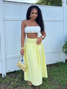 Alexandranx Women's Plain Zip Up Gathered Casual Yellow Skirt, Summer Winter Spring - Yellow - View 4