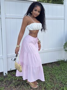Alexandranx Rok Payung Bertekstur Minimalis Polos Warna Pink Muda untuk Wanita, Cocok untuk Sehari-hari - Baby Pink - View 6