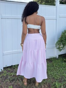 Alexandranx Rok Payung Bertekstur Minimalis Polos Warna Pink Muda untuk Wanita, Cocok untuk Sehari-hari - Baby Pink - View 2