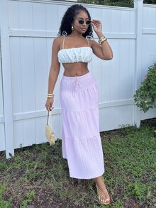 Alexandranx Rok Payung Bertekstur Minimalis Polos Warna Pink Muda untuk Wanita, Cocok untuk Sehari-hari - Baby Pink - View 4
