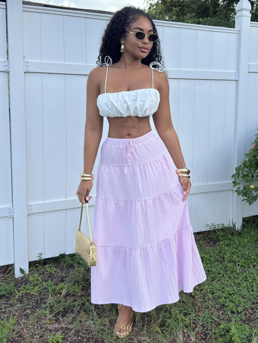 Alexandranx Rok Payung Bertekstur Minimalis Polos Warna Pink Muda untuk Wanita, Cocok untuk Sehari-hari - Baby Pink - View 1