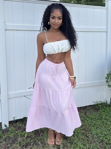 Alexandranx Rok Payung Bertekstur Minimalis Polos Warna Pink Muda untuk Wanita, Cocok untuk Sehari-hari - Baby Pink - View 5