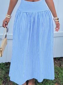 Alexandranx Rok Liburan Wanita Bergaris Modis Serbaguna dengan Resleting - Blue and White - View 4