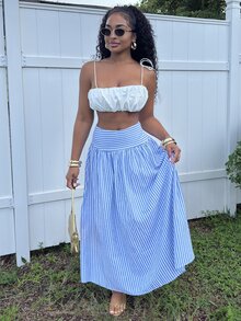Alexandranx Rok Liburan Wanita Bergaris Modis Serbaguna dengan Resleting - Blue and White - View 5