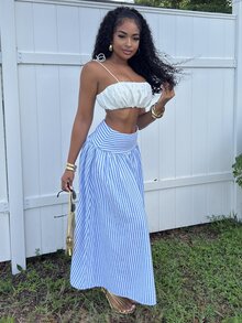Alexandranx Rok Liburan Wanita Bergaris Modis Serbaguna dengan Resleting - Blue and White - View 7