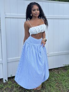 Alexandranx Rok Liburan Wanita Bergaris Modis Serbaguna dengan Resleting - Blue and White - View 6