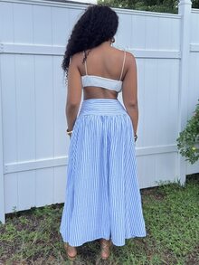 Alexandranx Rok Liburan Wanita Bergaris Modis Serbaguna dengan Resleting - Blue and White - View 3